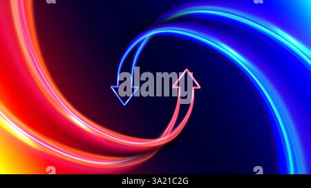 Circulation arrows in motion. Hot and cold. Futuristic 3D neon style. Two arrows go round. Exchange and money transfer. Stock Vector