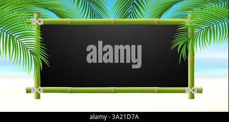 Palm leaves on tropical beach with bamboo frame for text. Vacation and travel. Tropical nature background. Vetor illustration. Stock Vector