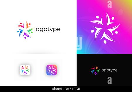 Star human figures abstract logo, symbolizing unity, teamwork, diversity. Suitable for charities, social foundations, education, business branding Stock Vector