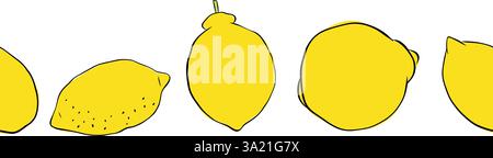 Seamless border with lemons. Citrus lemons line graphic ink vector art. Design for menu, package, cosmetic, textile, package Stock Vector