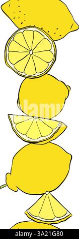 Lemons cut, slices and whole seamless vertical border. Citrus lemons line graphic ink vector art. art for food design, recipe, cook book, packages, me Stock Vector