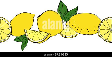 Lemons whole, slices and leaves horizontal seamless border background. Vector graphic line ink illustration. Design for menu, package, cosmetic, texti Stock Vector