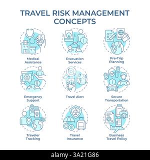 Travel risk management soft blue concept icons Stock Vector