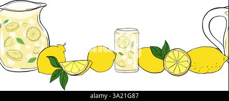 Lemonade with lemons whole and slices, green leaves seamless horizontal border. Vector graphic line ink illustration. Sample poster, party invitation, Stock Vector