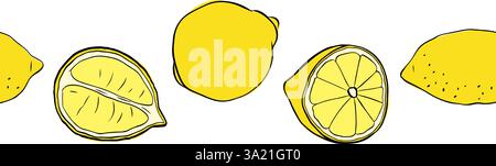 Lemons whole and cut seamless horizontal border. Citrus lemons line graphic ink vector art. Design for menu, package, cosmetic, textile, package Stock Vector