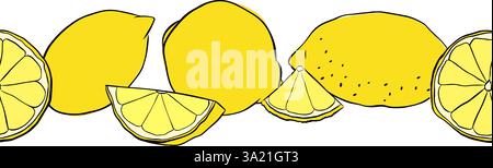 Lemons citric fruits whole and slices seamless horizontal border. Hand drawn vector graphic line ink illustration. Ideal for menu, package, cosmetic, Stock Vector