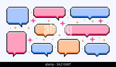 Colorful pixelated speech bubbles. Pixel art dialogue boxes in 8-bit style. Vector illustration Stock Vector