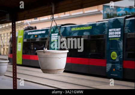 Vienna, Austria - April 16, 2021: Tram going through the city of Vienna, cloudy day in springtime, empty flowerpot Stock Photo