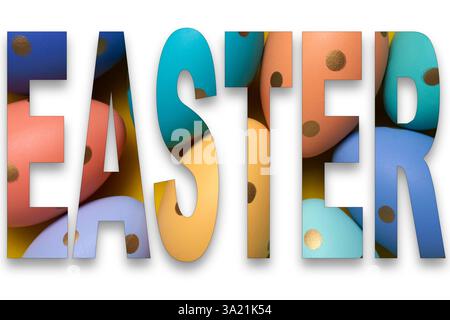 Font Word "EASTER" with transparency of Easter eggs. Banner, poster, template Stock Photo