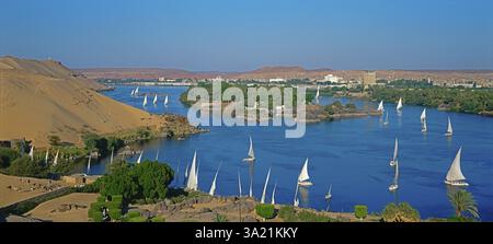 View of the Aswan waterfront from the Nile River. Aswan, Egypt ...