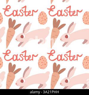 Seamless Easter Pattern with Rabbits, Carrots, Eggs, and Handwritten Script Stock Vector