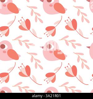 Seamless Pattern of Cartoon Birds and Floral Elements in Soft Pastel Colors Stock Vector