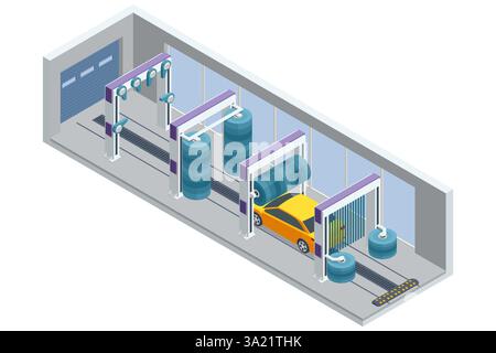 Isometric Car washing machine. Auto brush washer cleancar on automatic carwash station. Car in automatic car wash, rotating blue brush. Washing Stock Vector