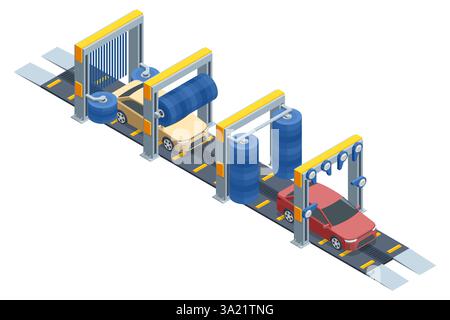 Isometric Car washing machine. Auto brush washer cleancar on automatic carwash station. Car in automatic car wash, rotating blue brush. Washing Stock Vector
