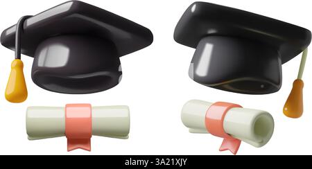 Graduation cap and diploma 3d icons. University degree cute three dimensional vector illustrations set. Stock Vector