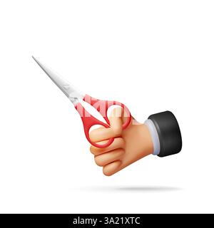 3D scissors with red plastic handles in hand isolated on white. Render metal scissors icon. Stationery, office or school supply. Vector illustration Stock Vector