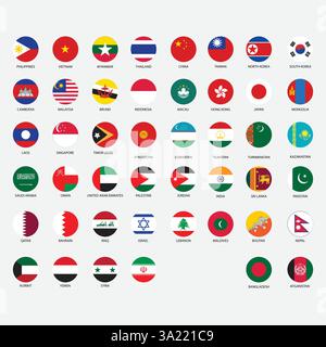 Asian all country flags of countries round badges Stock Vector