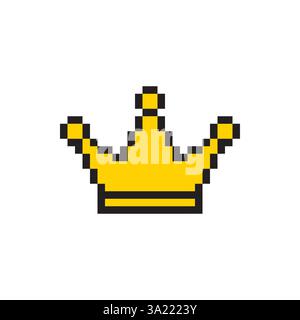 Crown vector icon. Pixel art design. Yellow royal symbol. Black outline detail. Stock Vector