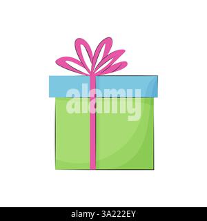 Green cartoon gift box with a pink bow. Romantic illustration, birthday, valentine, christmas concept. Isolated on white Stock Vector