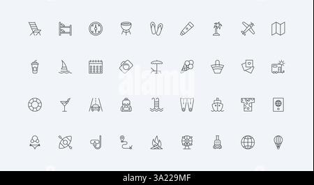 Travel around globe by plane or car, ship or camper van, passport and compass, luggage and thin black outline symbols vector illustration. Summer beach vacation and holidays line icon set Stock Vector