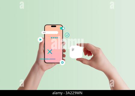 Front view of smartphone in hand, adding text box element to mobile application, concept of UI design, app development, and user experience customizat Stock Photo