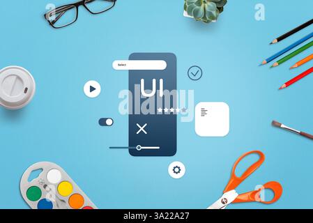 Creative workspace for mobile app development, top view of UI design process with various artistic tools and accessories. Top view, flat lay Stock Photo
