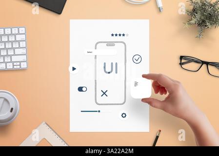 Top view of designer’s desk with wireframe sketch of mobile app, hand arranging UI elements, surrounded by office tools and creative workspace items Stock Photo