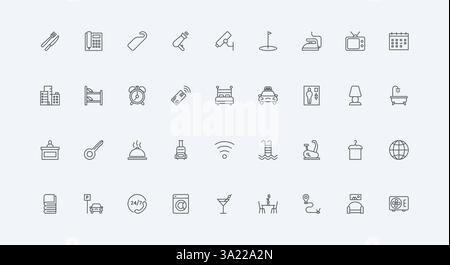 Bed and breakfast, restaurant food and key of apartment thin black outline symbols vector illustration. Hotel hospitality, accommodation and room service, reception and hostel line icon set Stock Vector