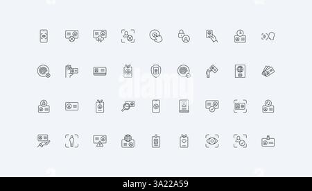 Face and fingerprint recognition to access thin black outline symbols vector illustration. ID card, identity and personality identification with documents, biometric scan line icon set Stock Vector