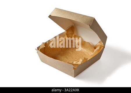 cardboard box with craft paper for burgers isolated on white background Stock Photo