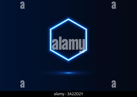 Neon Glow blue light geometric shape hexagon and shadow. Vector illustration Stock Vector