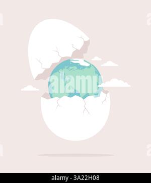 Broken eggshell with Earth globe inside. Flat vector illustration Stock Vector