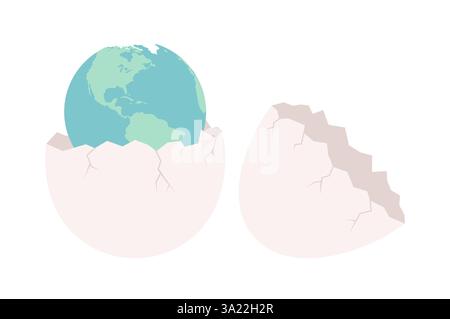Broken eggshell with Earth globe inside, isolated on a white background. Flat vector illustration Stock Vector