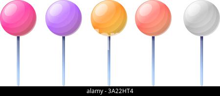 Set of pastel glossy push pins icons. Stock Vector