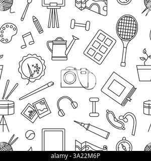 Hobby elements seamless pattern. Line photo camera, book, paints and brush, headphones and sport equipment. Fabric print template, vector background Stock Vector