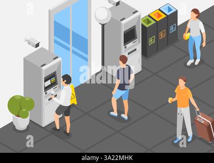 People on street isometric concept. Urban city walkside with atm, garbage cans, ctv cameras. Bank building, people with coffee and baggage, vector Stock Vector