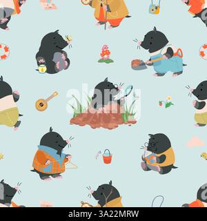 Cartoon moles seamless pattern. Funny rodents, mole play music and walk. Fabric, wrapping, wallpaper print design. Children mascots nowaday vector Stock Vector