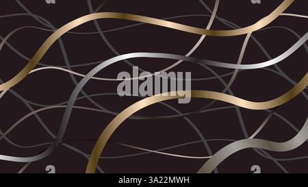 Abstract Flowing Elegant Gold and Silver Band in Black Color Background Stock Vector