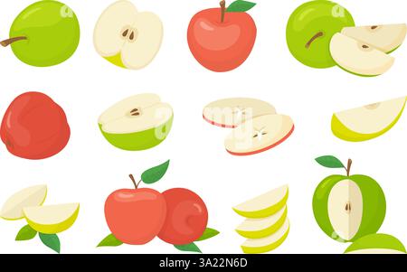 Isolated cartoon apples. Fruit apple green and red, cut half and slices. Raw fresh organic ingredients for pie or jam, vegan vitamin food. Neoteric Stock Vector