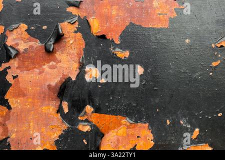Rusty orange metal wall with peeling black paint. Corroded layers reveal aged texture. Distressed industrial abstract background Stock Photo