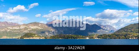 Panorama of Bellagio village in spring with Grigna and Grignetta behind, on lake Como. Griante, Como Province, Lombardy, Italy, Europe. Stock Photo