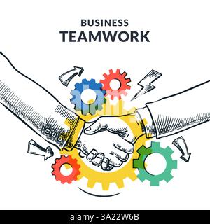 Handshake on multicolor mechanism cogwheels background. Vector hand drawn sketch business illustration. Teamwork and cooperation for goals achievement Stock Vector