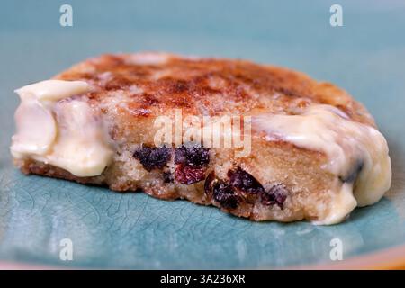 UK. Traditional Welsh cakes, also known as bakestones, griddle cakes, griddle scones or pics. A Sweet bread cooked on a hot griddle or griddlestone. Stock Photo