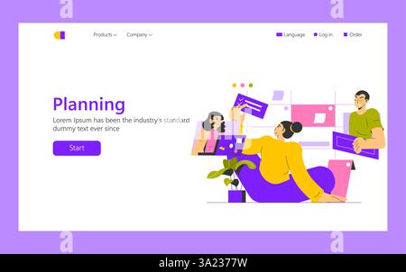 Planning concept. Visualization of a collaborative planning environment with people engaged in organizing ideas and tasks. Focus on teamwork, creativity, and productivity in a modern workspace. Vector illustration. Stock Vector