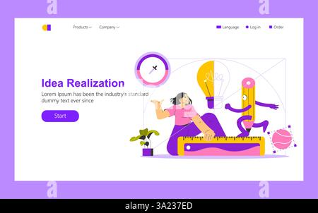 This illustration represents the concept of idea realization, showcasing a creative process where imagination meets structure. It features vibrant characters engaging with tools, symbolizing innovation and productivity in a collaborative environment. Stock Vector