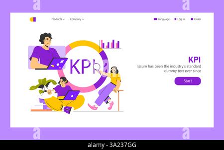 Goal Achievement illustration. Focus on key performance indicators represented by diverse individuals engaging with technology and data visualizations. Inspires productivity and strategic success. Vector illustration. Stock Vector