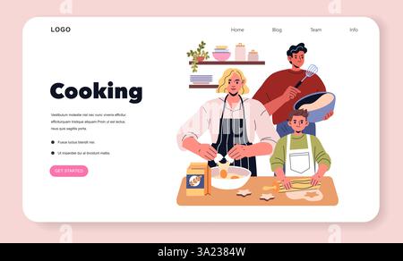 Dinner party scene featuring a family engaged in cooking together. They prepare food, creating a joyful atmosphere of collaboration and warmth. Ideal for home cooking and family-themed content. Vector illustration. Stock Vector