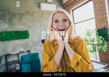 Photo of impressed positive lady broker wear shirt hands arms cheeks cheekbones indoors workplace workshop Stock Photo