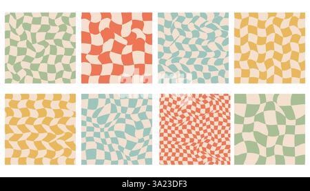 Checkered groovy square pattern collection. Abstract retro aesthetic backgrounds set. Vintage mid century art prints. Hippie 60s, 70s, 80s style. Dani Stock Vector