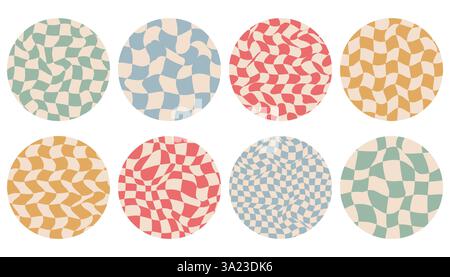 Groovy checkered pattern in round shape. Round avatars. Vintage wavy curved backdrop, distortion effect. Grid texture, retro background in 90s style, Stock Vector